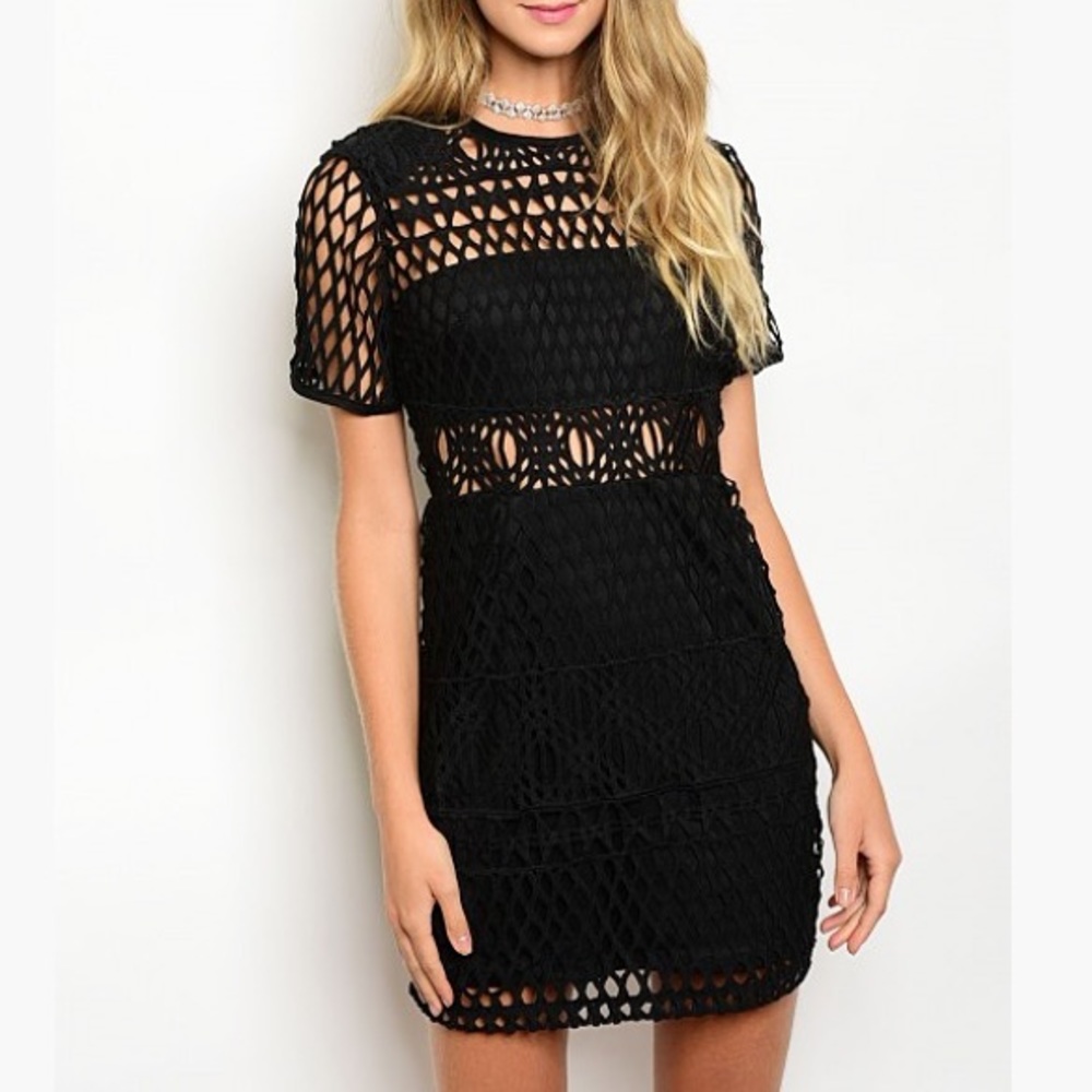Crochet Cage Mini Black Dress!